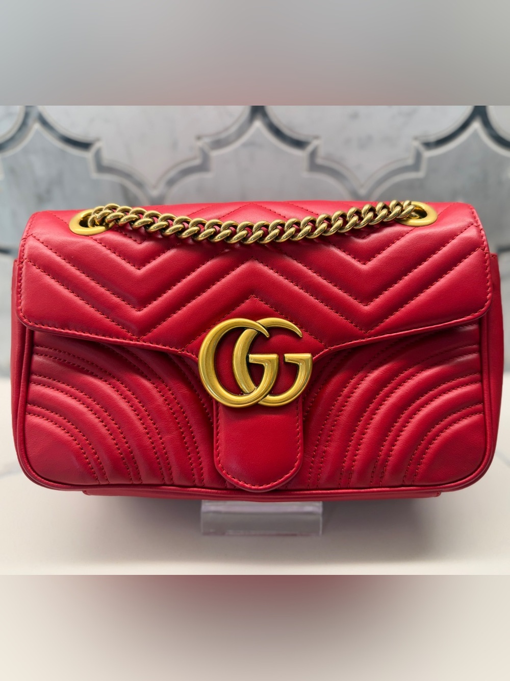 Gucci Red Quilted GG Marmont Shoulder Bag with Gold Hardware